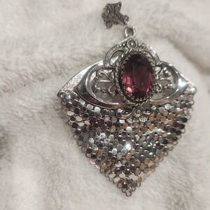 Vintage Silver Tone Purple Faux Gemstone Mesh Drape Statement Pendant